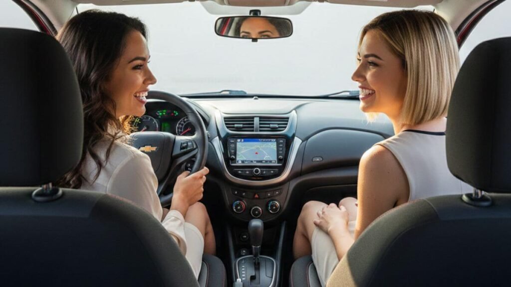 Interior de um Chevrolet Onix vermelho, visto do banco traseiro, com duas mulheres sorrindo. O painel e o volante são visíveis, destacando a central multimídia.