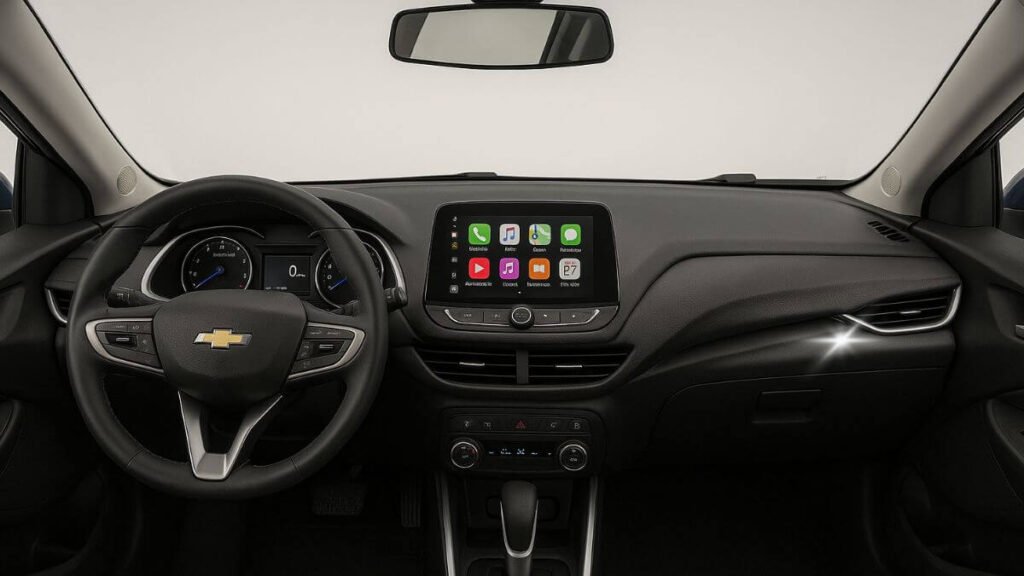 Painel completo do Chevrolet Onix 2025 visto por dentro, em alta qualidade.