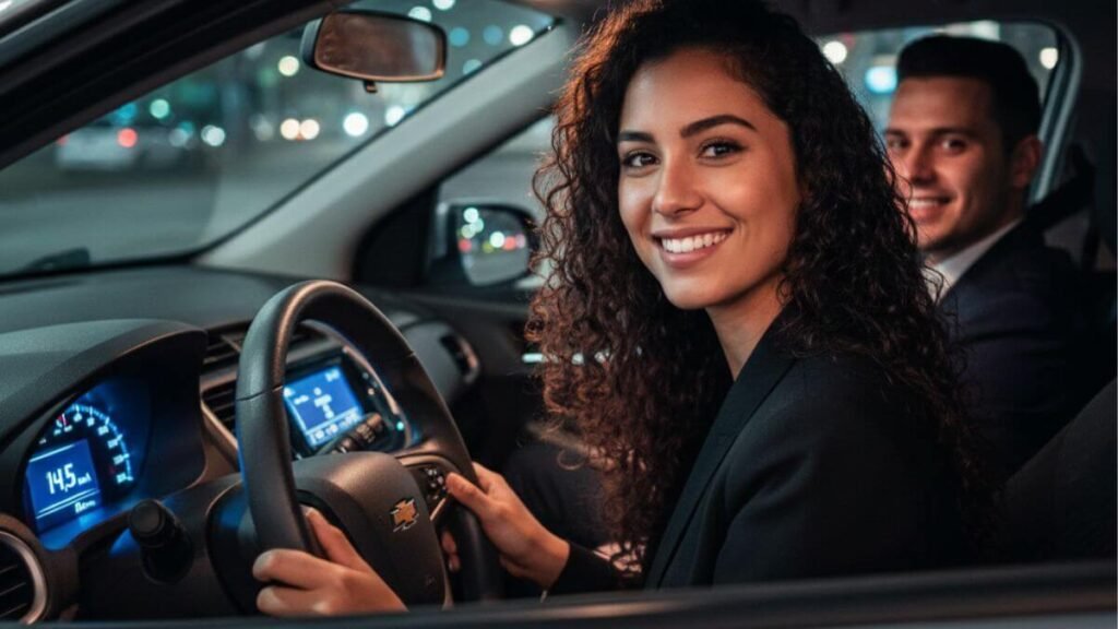 "Vista interna noturna de um Chevrolet Onix prata. O painel digital está aceso, exibindo o consumo médio (km/l). Uma mulher morena de cabelos cacheados sorri ao volante, e um homem bem vestido sorri no banco do passageiro."