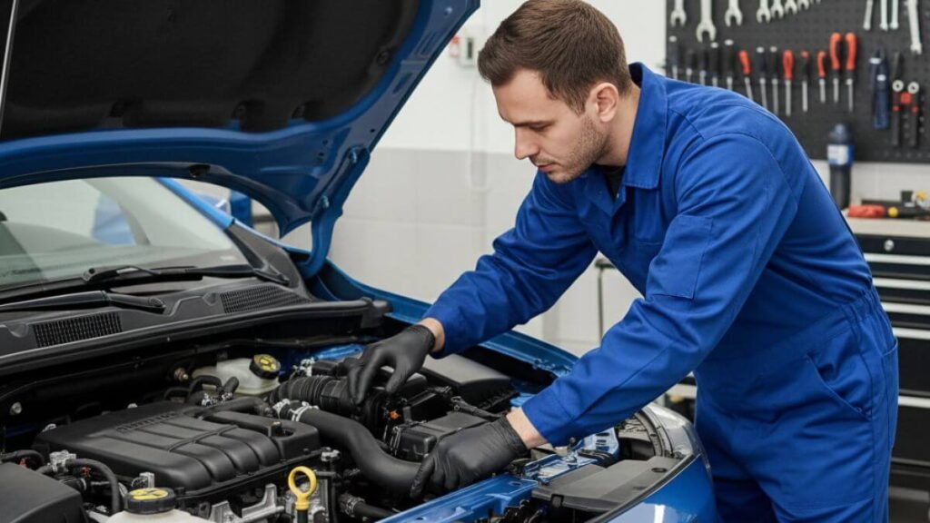 Mecânico especializado verificando o sistema de arrefecimento e nível do reservatório de expansão de um Chevrolet Onix.