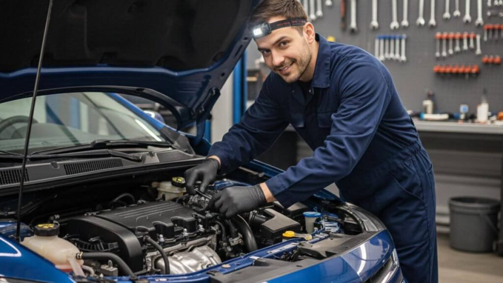 Mecânico em oficina realizando reparos no motor aberto de um Chevrolet Onix azul.