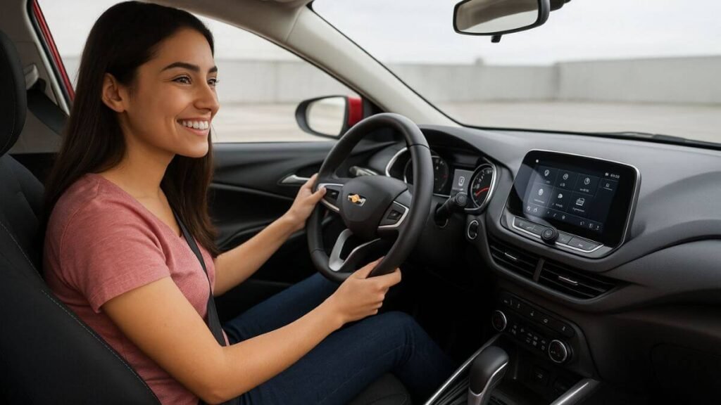 Jovem sorrindo ao volante dentro de um Chevrolet Onix vermelho, mostrando o interior do carro.