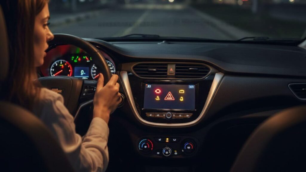 Jovem motorista ao volante de um Chevrolet Onix observando as luzes de advertência acesas no painel do carro.
