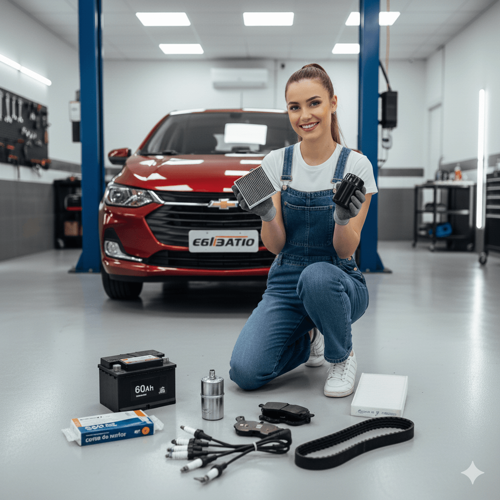 Jovem sorrindo em oficina com Chevrolet Onix vermelho, mostrando filtros e kit de peças baratas para manutenção preventiva: vela, cabo, bateria, pastilhas e correia.