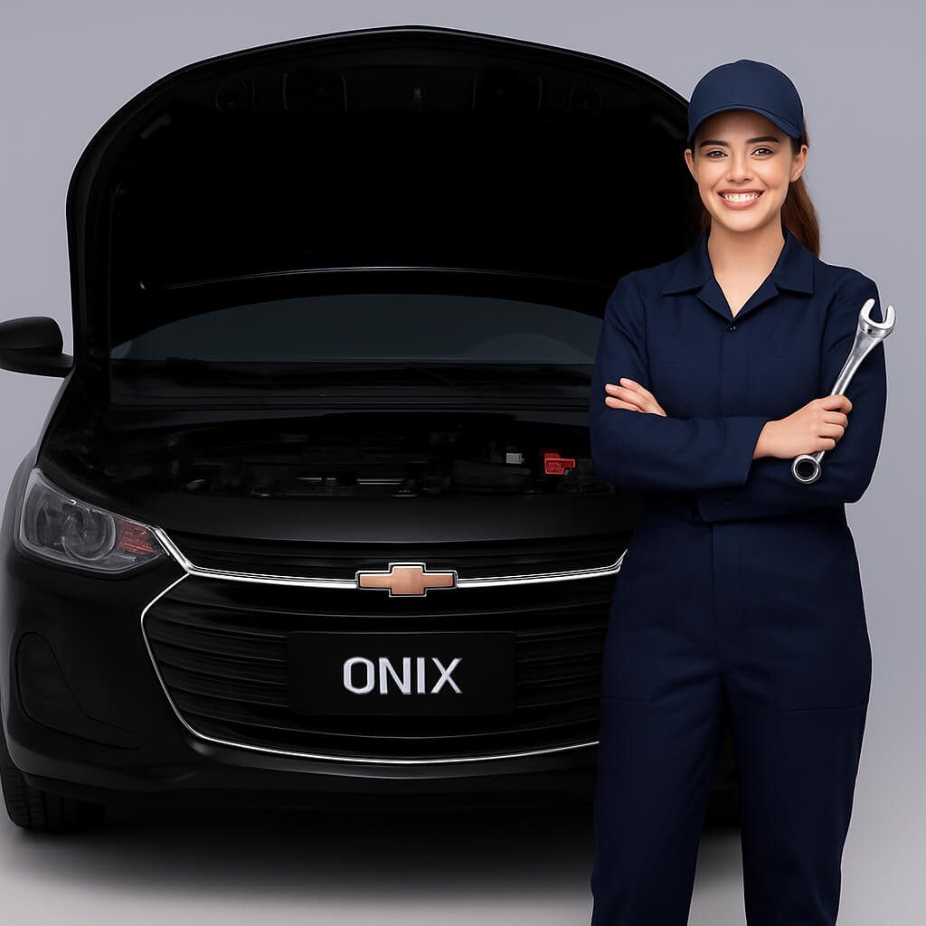 “Mecânica ao lado de um Chevrolet Onix preto com capô aberto”