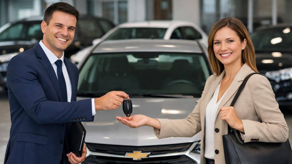 Chevrolet Onix seminovo sendo entregue em concessionária