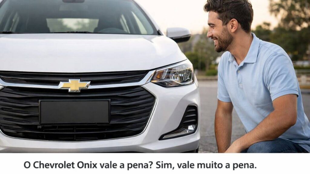 Dono sorrindo admirando o Chevrolet Onix visto de frente em local aberto