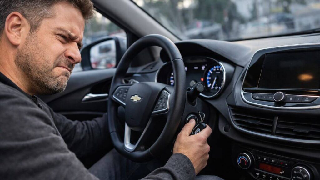 Motorista tentando dar partida no Chevrolet Onix pela manhã com dificuldade ao girar a chave na ignição