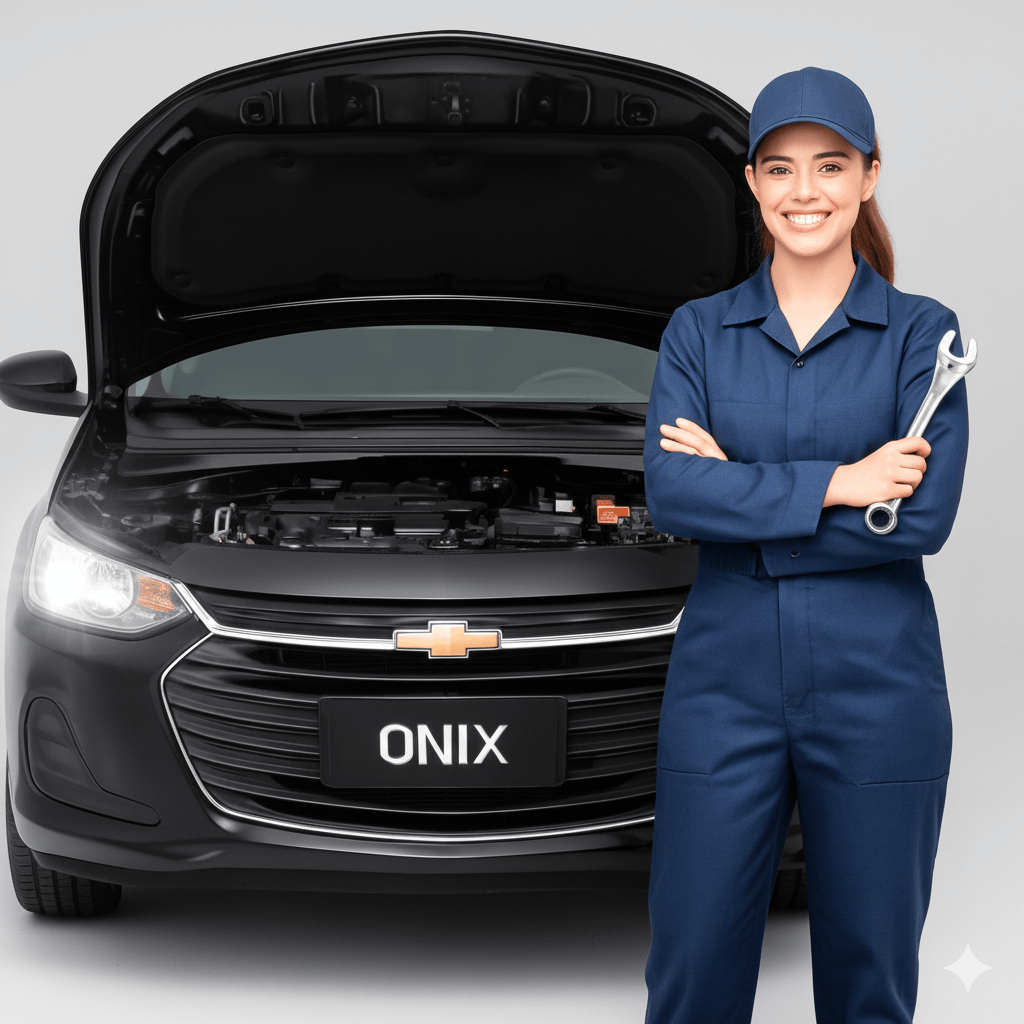 Mulher mecânica em frente a um Chevrolet Onix com capô aberto, simbolizando manutenção e peças.