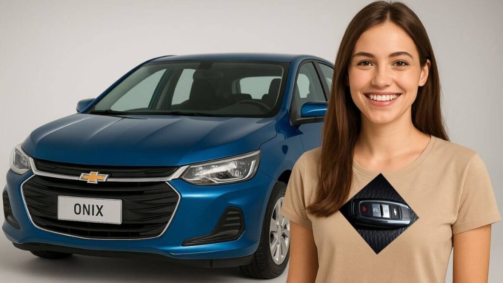 Chevrolet Onix 2025 azul visto de frente ao lado de uma mulher sorrindo.