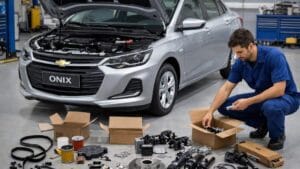 Chevrolet Onix prata em oficina com capô aberto e peças de manutenção organizadas no chão