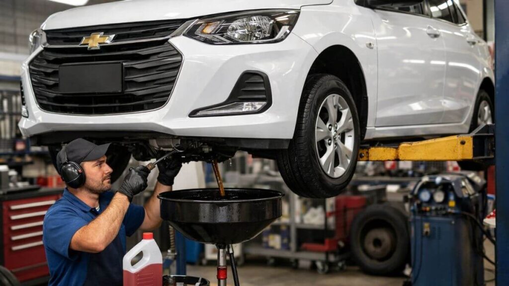 Mecânico realizando a troca do óleo de câmbio em um Chevrolet Onix levantado no elevador em oficina automotiva