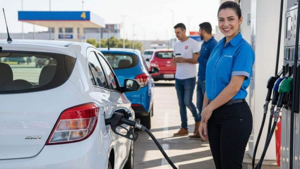 "Frentista sorridente em uniforme impecável ao lado de um Chevrolet Onix branco sendo abastecido em um posto de gasolina em um dia ensolarado. Outros carros (azul e vermelho) e clientes estão visíveis ao fundo."