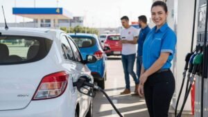 "Frentista sorridente em uniforme impecável ao lado de um Chevrolet Onix branco sendo abastecido em um posto de gasolina em um dia ensolarado. Outros carros (azul e vermelho) e clientes estão visíveis ao fundo."