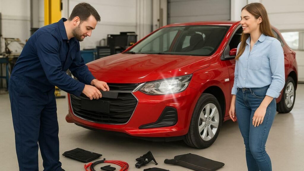 Mecânico instalando acessórios no Chevrolet Onix vermelho dentro de uma oficina automotiva