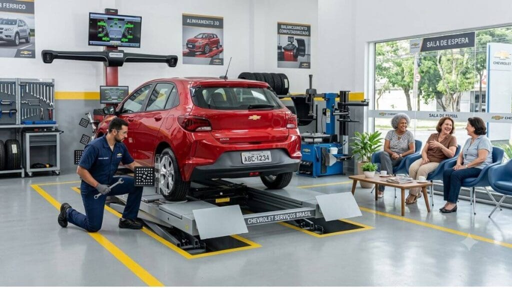 Mecânico realizando o alinhamento 3D em um Chevrolet Onix vermelho em uma oficina mecânica autorizada da Chevrolet no Brasil.