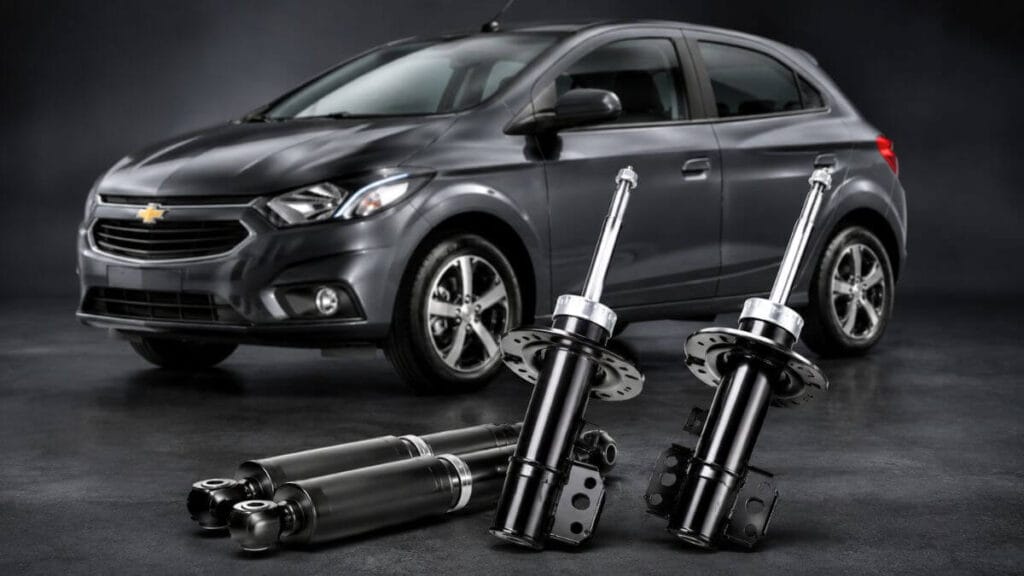 Amortecedores do Chevrolet Onix com visual profissional e componentes da suspensão automotiva em destaque.