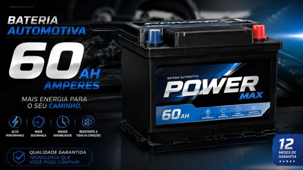 Bateria automotiva profissional 60Ah com visual moderno e alta potência para veículos.
