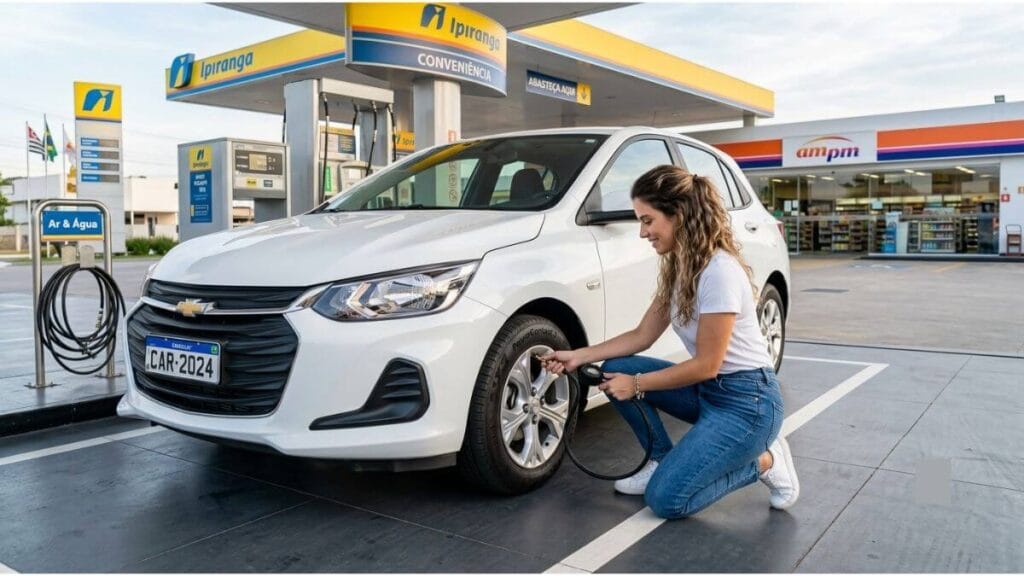 Mulher calibrando os pneus de um Chevrolet Onix branco em um posto de gasolina.