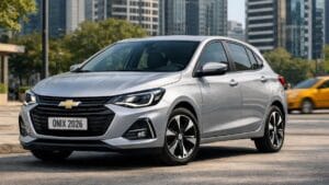 Chevrolet Onix 2026 em ambiente urbano, hatch prata moderno e econômico