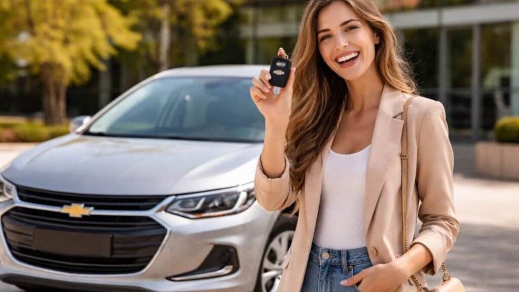 dicas de compra e venda do Onix com jovem feliz segurando a chave ao lado do carro.