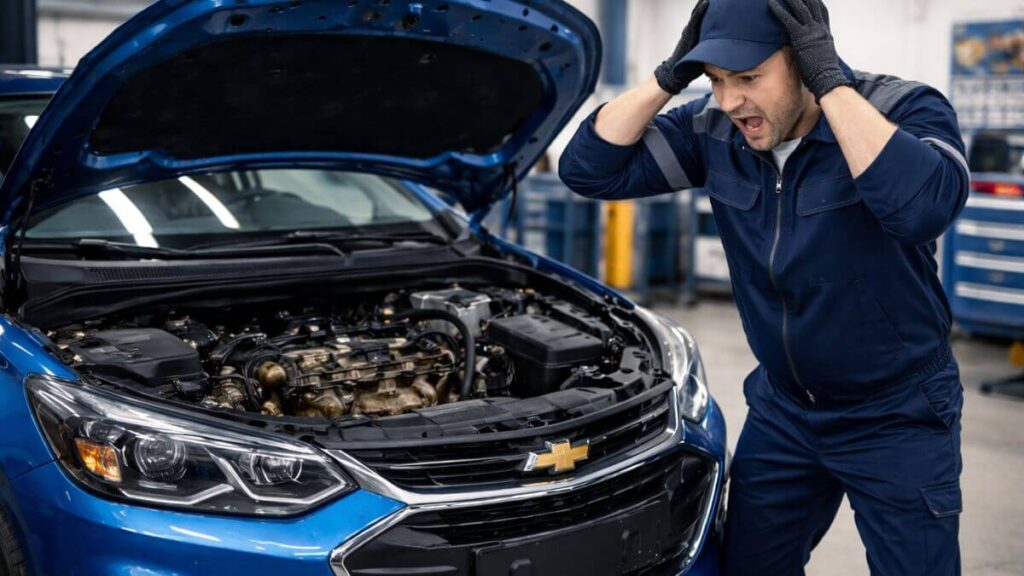 Mecânico preocupado após identificar erro no óleo do motor do Chevrolet Onix em oficina mecânica.