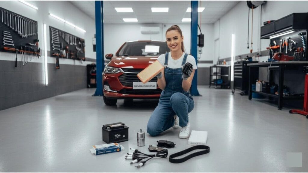 Mecânica sorridente ajoelhada em uma oficina mostrando um filtro de ar do motor novo e um filtro de óleo, com um Chevrolet Onix vermelho ao fundo e peças automotivas no chão.