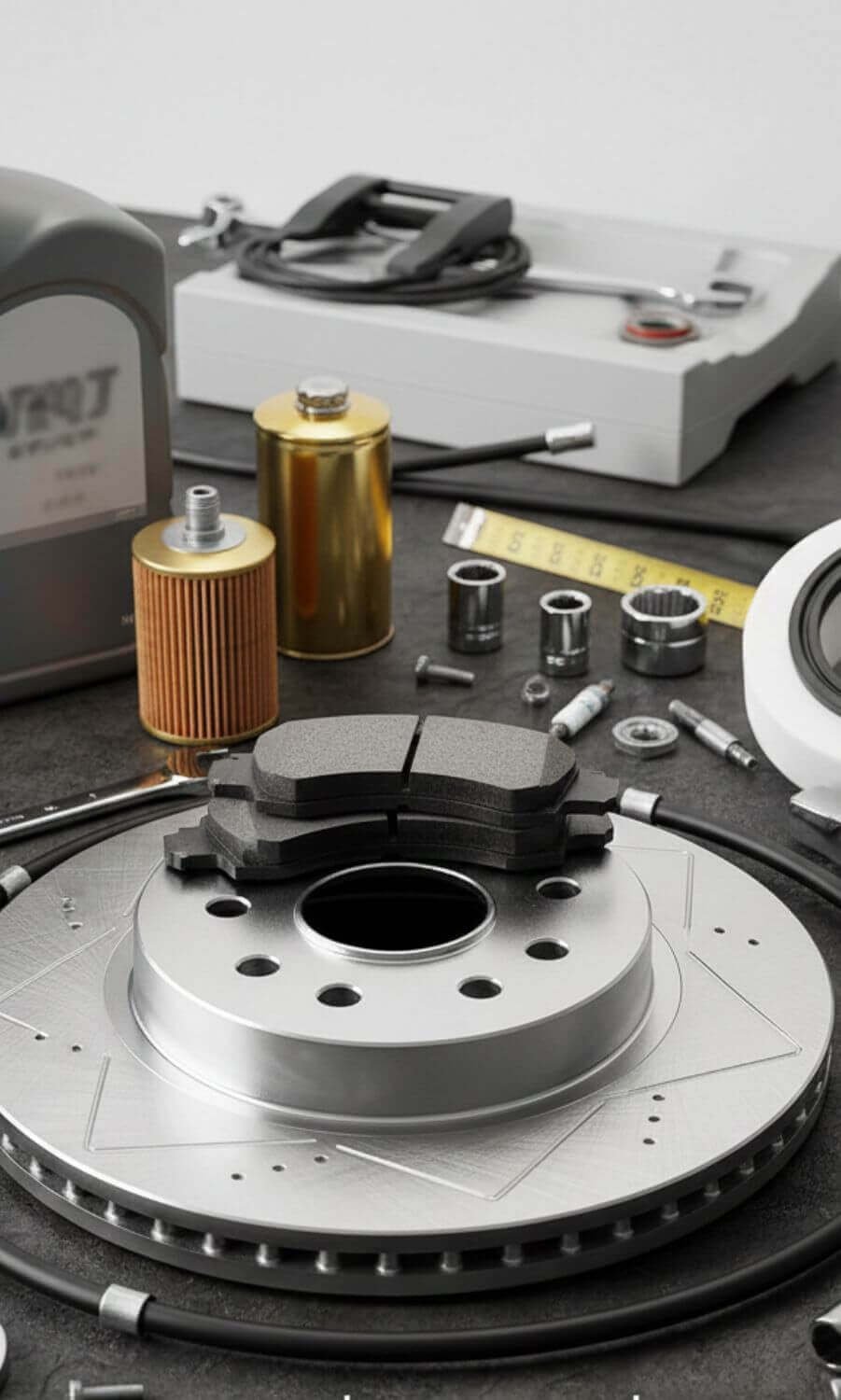 Conjunto de peças automotivas para Chevrolet Onix, incluindo pastilhas de freio, filtros de ar, óleo de motor e ferramentas de manutenção organizadas sobre uma mesa.