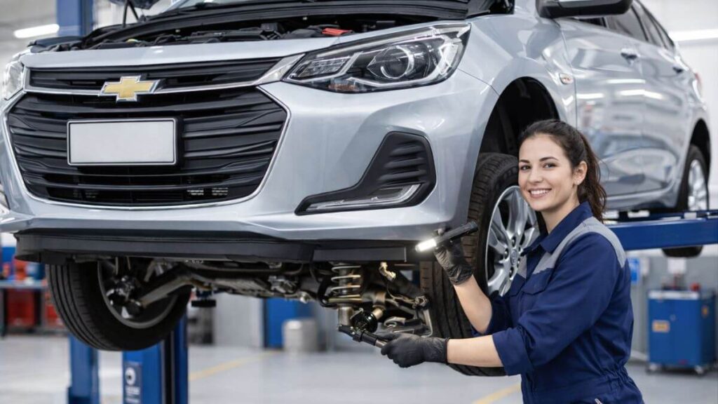 Inspeção da suspensão dianteira do Chevrolet Onix em oficina