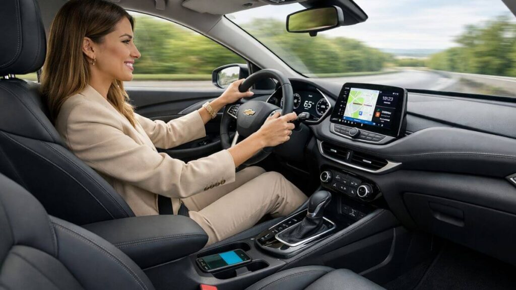 Mulher jovem sorrindo ao volante de um Chevrolet Onix, mostrando o painel moderno e a central multimídia ligada, e conforto.
