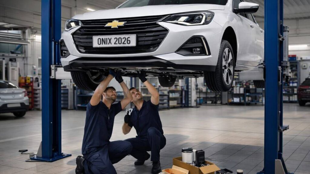 Manutenção do Chevrolet Onix 2026 em oficina com carro no elevador