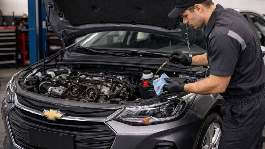 Manutenção preventiva do Chevrolet Onix com mecânico verificando nível e qualidade do óleo do motor