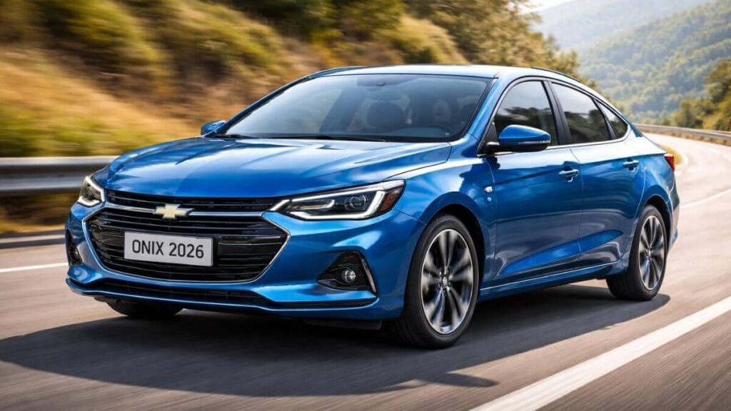Chevrolet Onix 2026 azul acelerando em estrada, destacando desempenho, força e estabilidade em alta velocidade