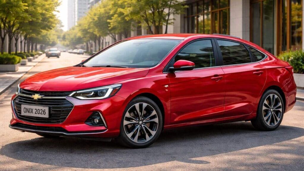 Chevrolet Onix 2026 vermelho com linhas laterais marcantes e rodas esportivas em ambiente urbano