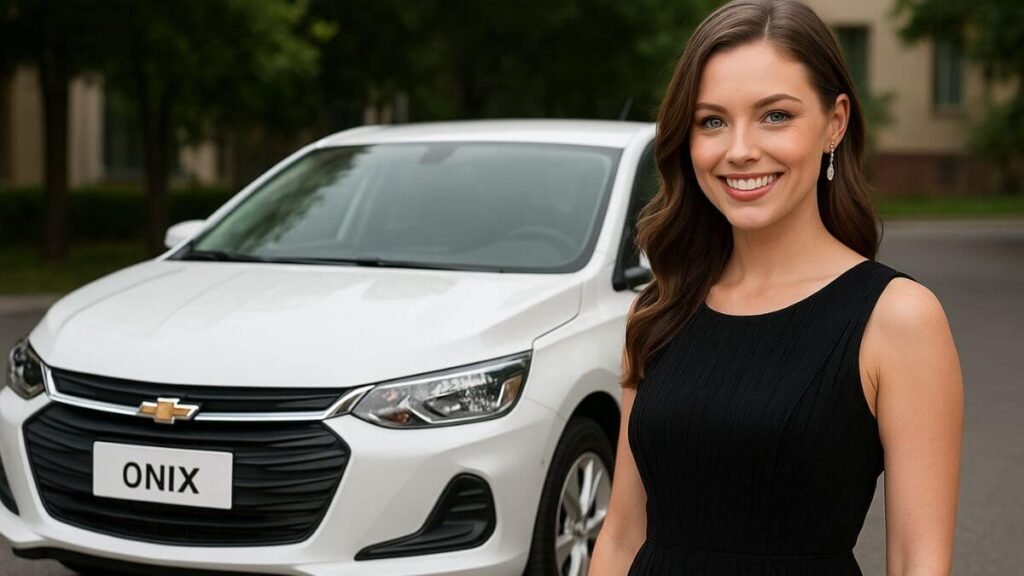 Chevrolet Onix branco visto de frente com uma jovem elegante ao lado, sorrindo, cabelo bem penteado e olhos azuis, pronta para uma festa sem problemas no onix.