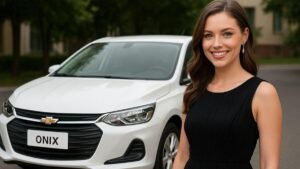 Chevrolet Onix branco visto de frente com uma jovem elegante ao lado, sorrindo, cabelo bem penteado e olhos azuis, pronta para uma festa sem problemas no onix.