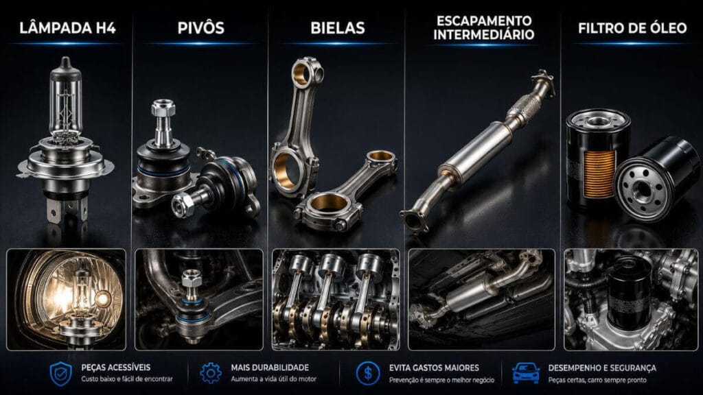 Peças automotivas do Chevrolet Onix com foco em manutenção preventiva e economia.
