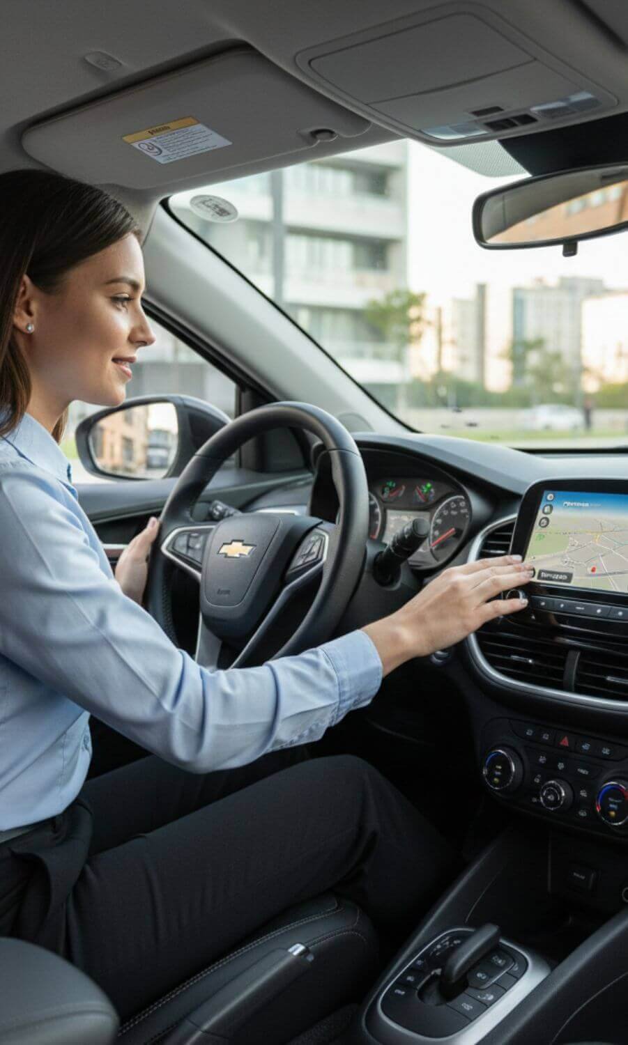 Mulher jovem com traje de trabalho manuseando o sistema multimídia MyLink no painel iluminado de um Chevrolet Onix.