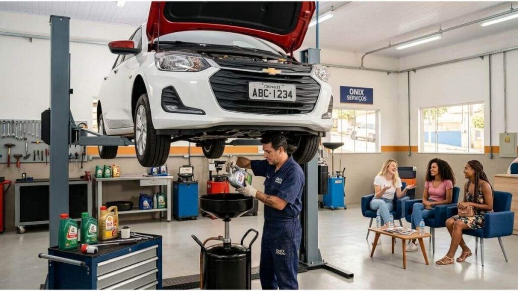 Mecânico trocando o óleo do motor de um Chevrolet Onix elevado no elevador hidráulico enquanto clientes aguardam na sala de espera.