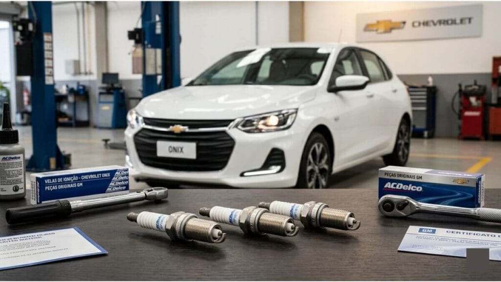 Velas de ignição novas sobre bancada de oficina mecânica com um Chevrolet Onix branco desfocado ao fundo.