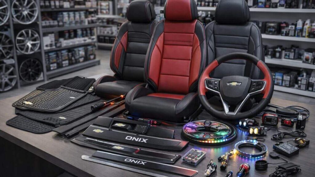 Acessórios automotivos para Chevrolet Onix em loja especializada, com tapetes, capas de banco, iluminação LED, frisos e capa de volante esportiva