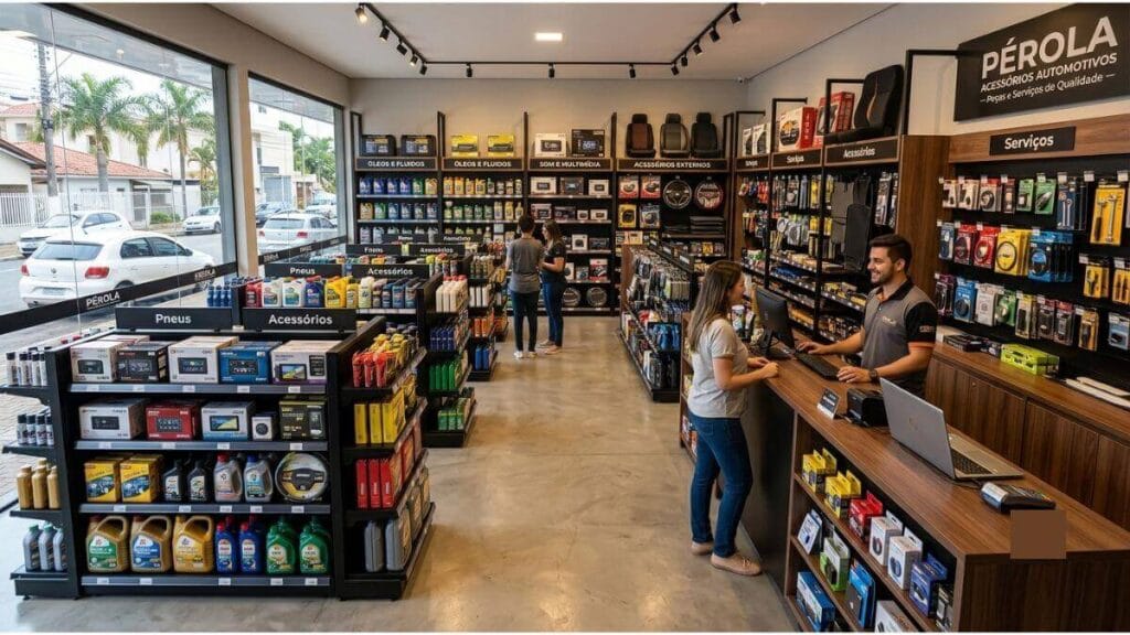 Interior moderno e organizado de uma loja de acessórios automotivos, mostrando prateleiras com centrais multimídia, óleos, lâmpadas e itens de acabamento, com um atendente no balcão ajudando uma cliente.
