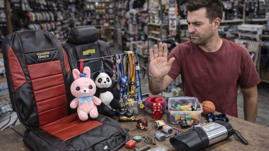 Homem rejeitando acessórios de baixa qualidade para Chevrolet Onix em loja simples, com capa de banco ruim, bonecos e objetos pendurados para retrovisor