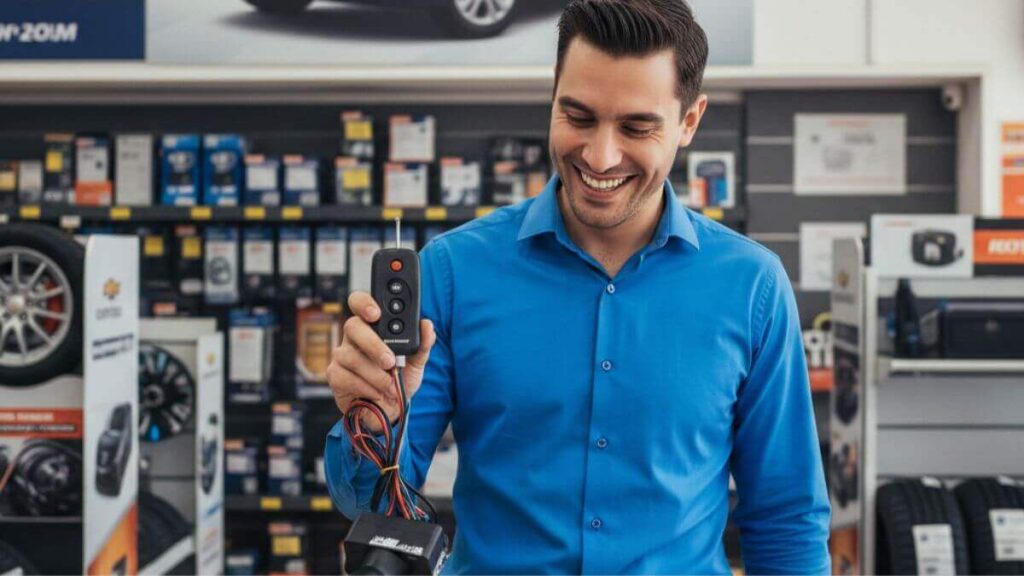 Homem bem vestido sorrindo e segurando um kit de sistema de alarme automotivo original Chevrolet em uma loja de acessórios. Ao fundo, prateleiras com produtos e um banner de um Chevrolet Onix azul.