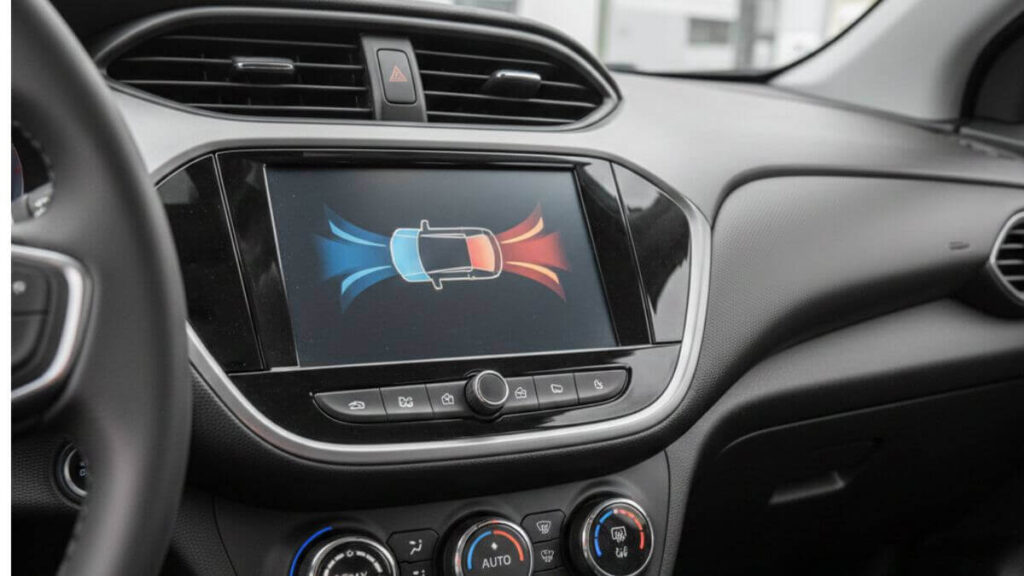 Visão detalhada do painel central de um Chevrolet Onix 2025, focando nos controles do sistema de ar-condicionado digital automático e na tela multimídia exibindo o fluxo de ar.