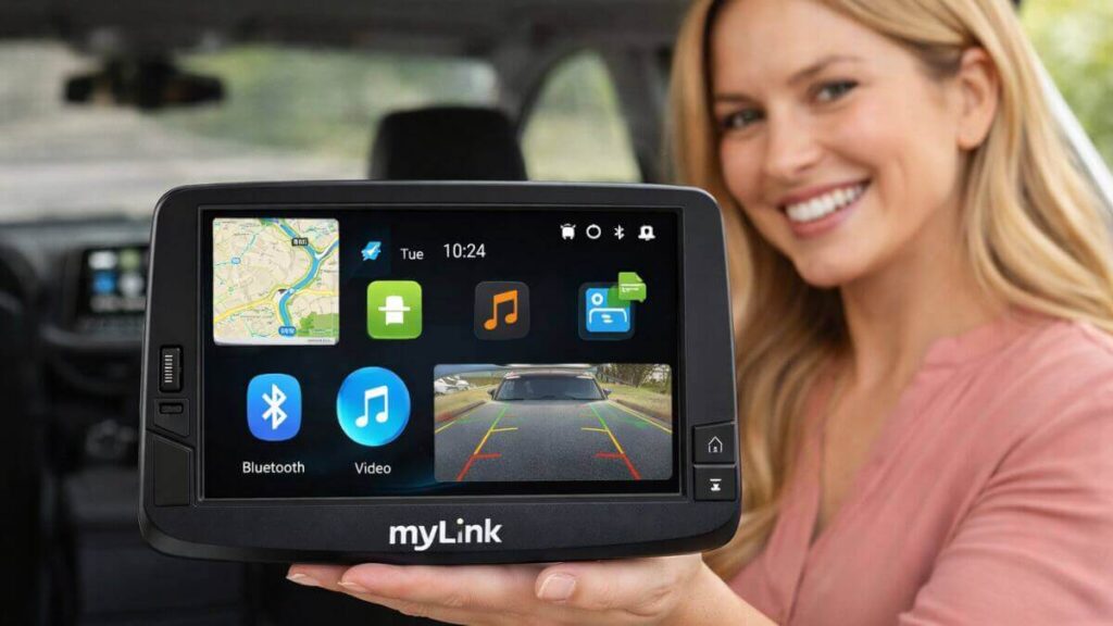 Central multimídia MyLink original do Chevrolet Onix com GPS, Bluetooth e câmera de ré sendo exibida por uma mulher sorrindo.