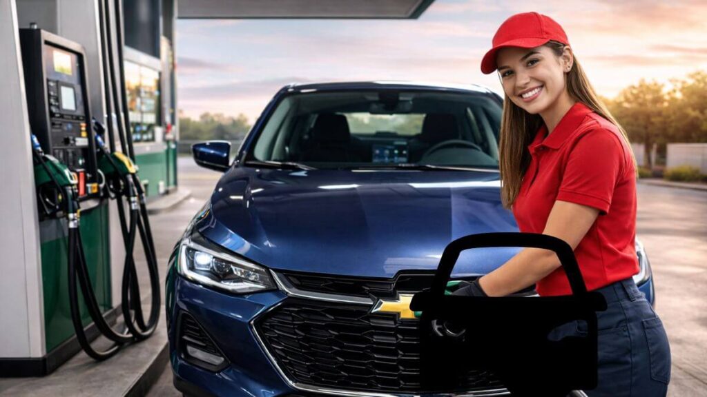 Chevrolet Onix 2025 sendo abastecido em posto de combustível por frentista, destacando o uso de combustível de qualidade para economia e melhor desempenho do motor.