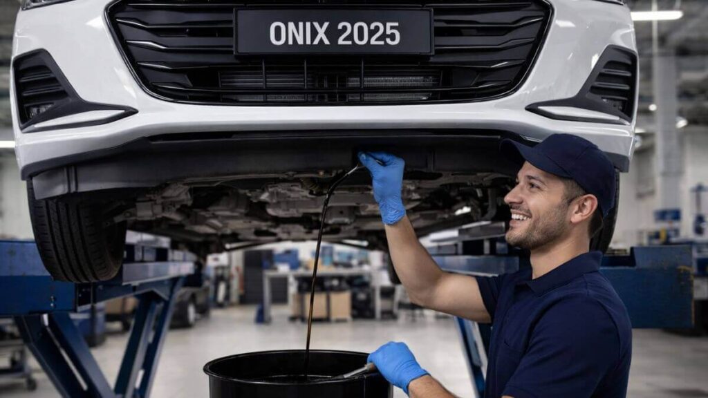 Chevrolet Onix 2025 em elevador de oficina enquanto mecânico sorrindo realiza a troca de óleo do motor.