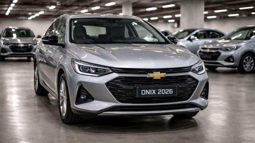 Chevrolet Onix 2026 em destaque em garagem moderna, com outros modelos Onix ao fundo