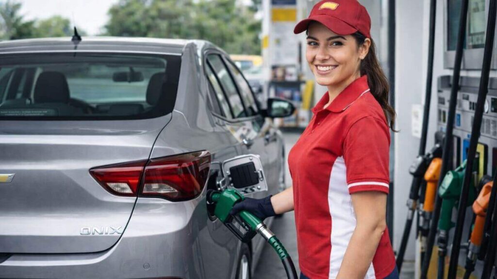Chevrolet Onix sendo abastecido corretamente pela lateral do veículo em posto de combustível